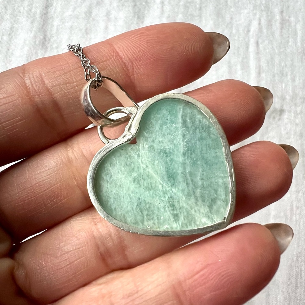 925 Peaceful HEART Amazonite Necklace Pendant - Picture 5 of 7